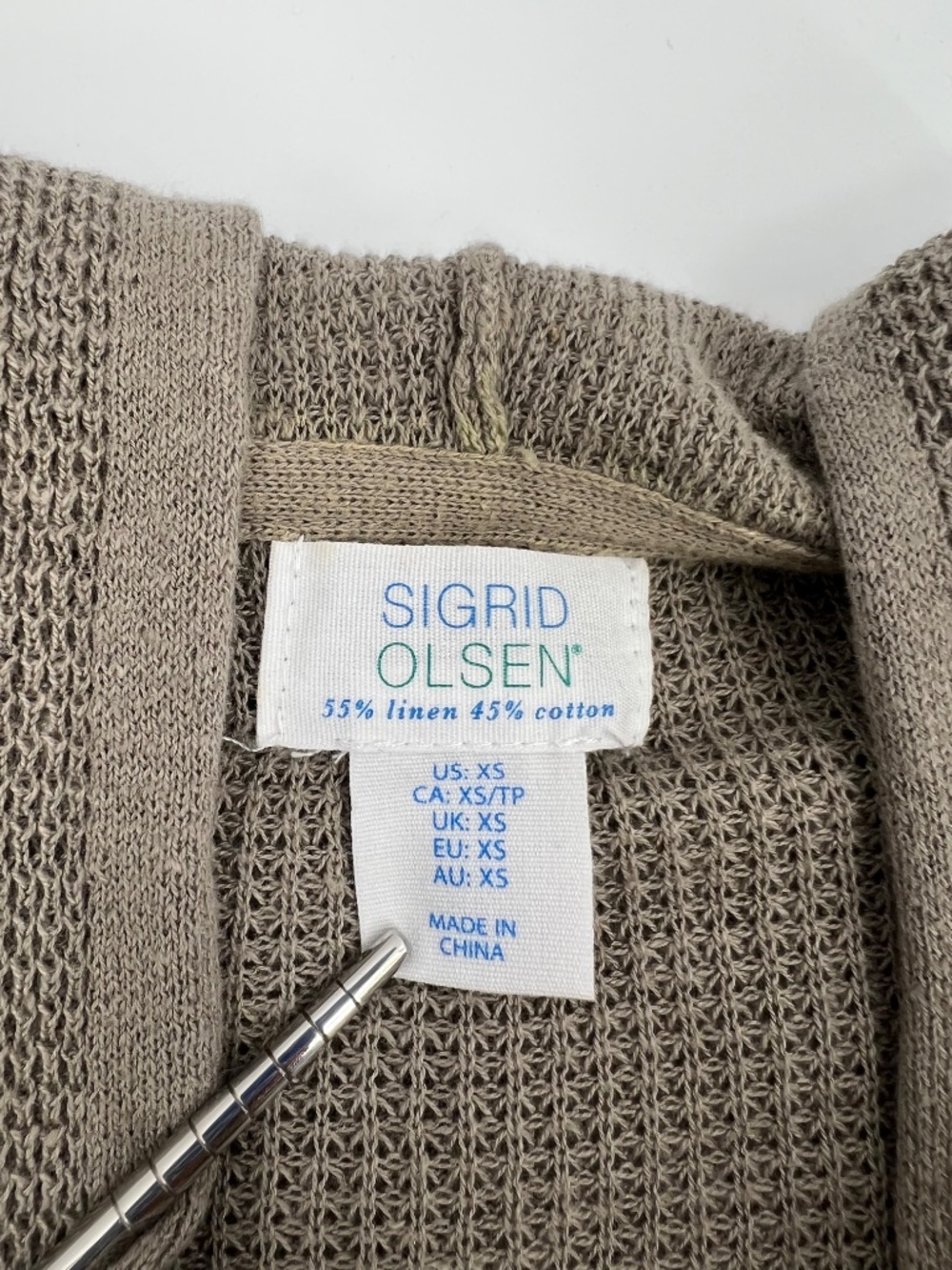 Sigrid Olsen Hooded Cardigan Open Front Button Accent Linen Blend Neutral Lagen - Picture 4 of 5